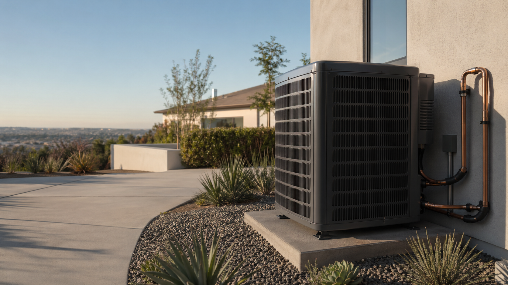 Outdoor heat pump condenser installed beside a Los Angeles hillside home